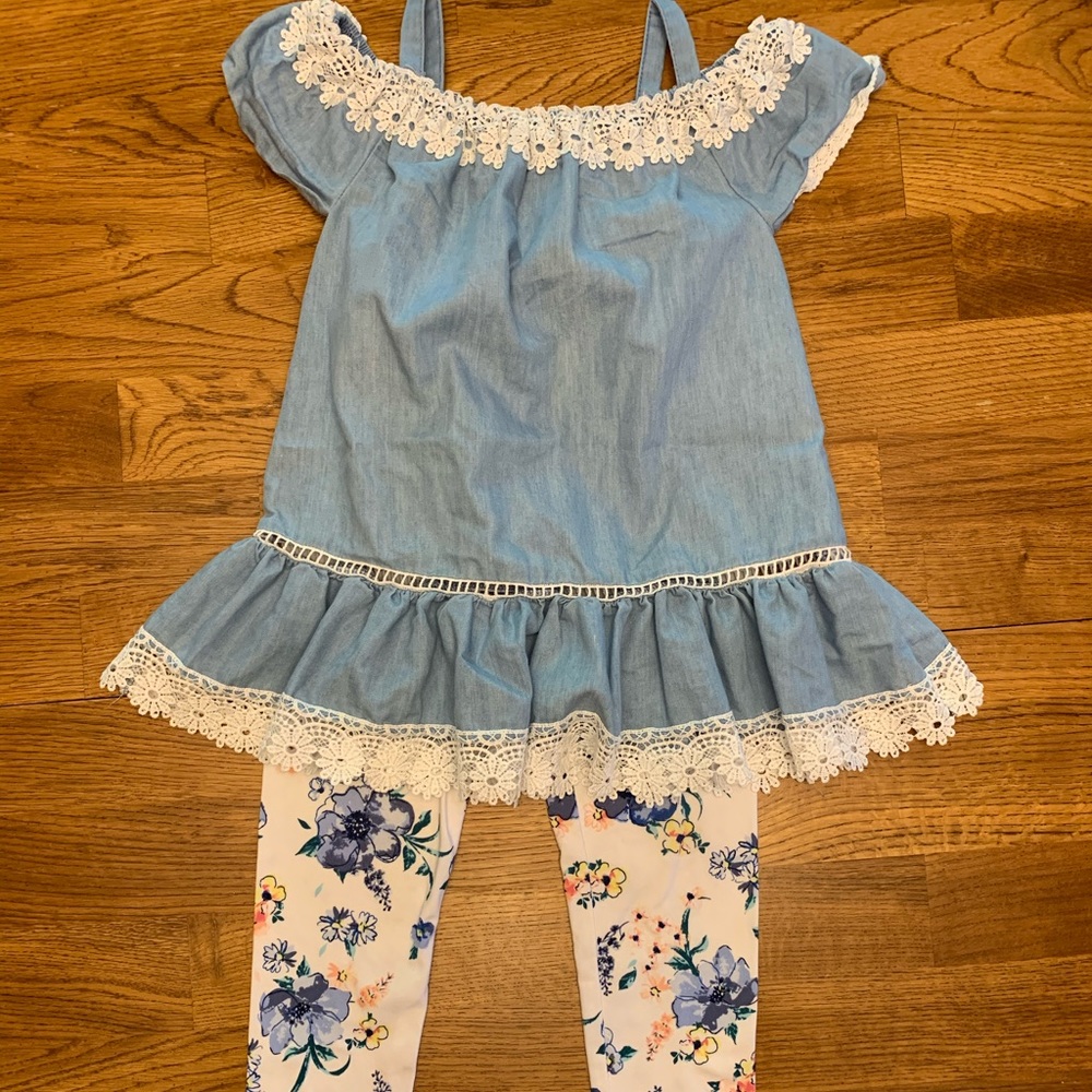Kids Jean-like shirt w/flower leggings